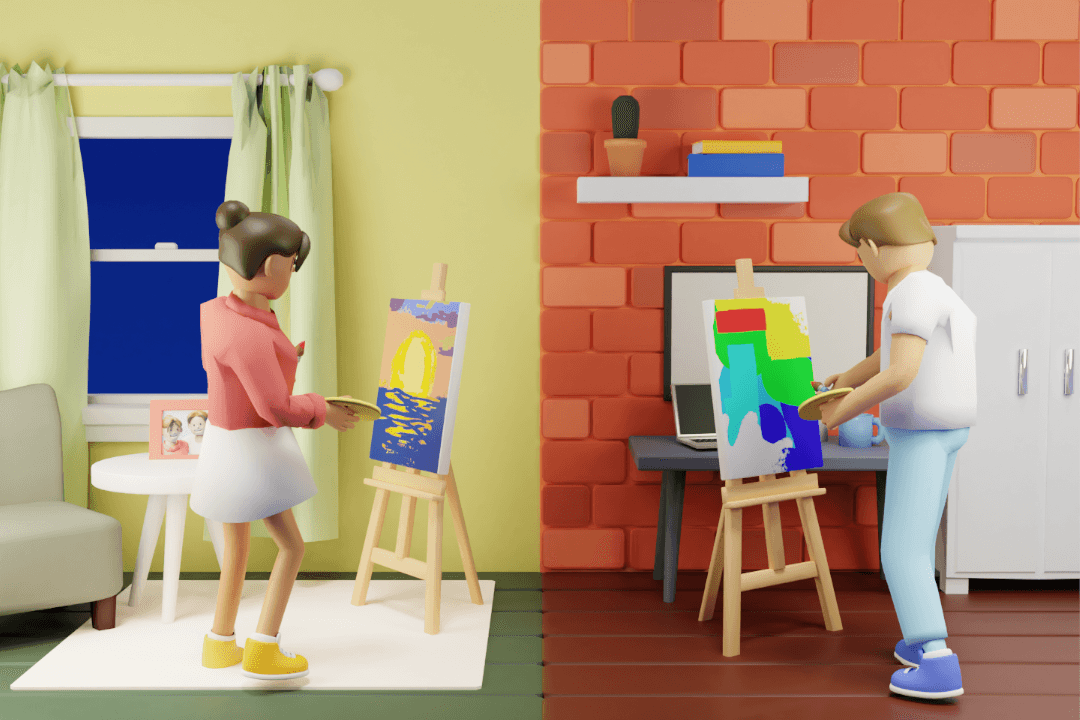 A cute 3d couple enjoying a wine and paint night from two separate rooms.