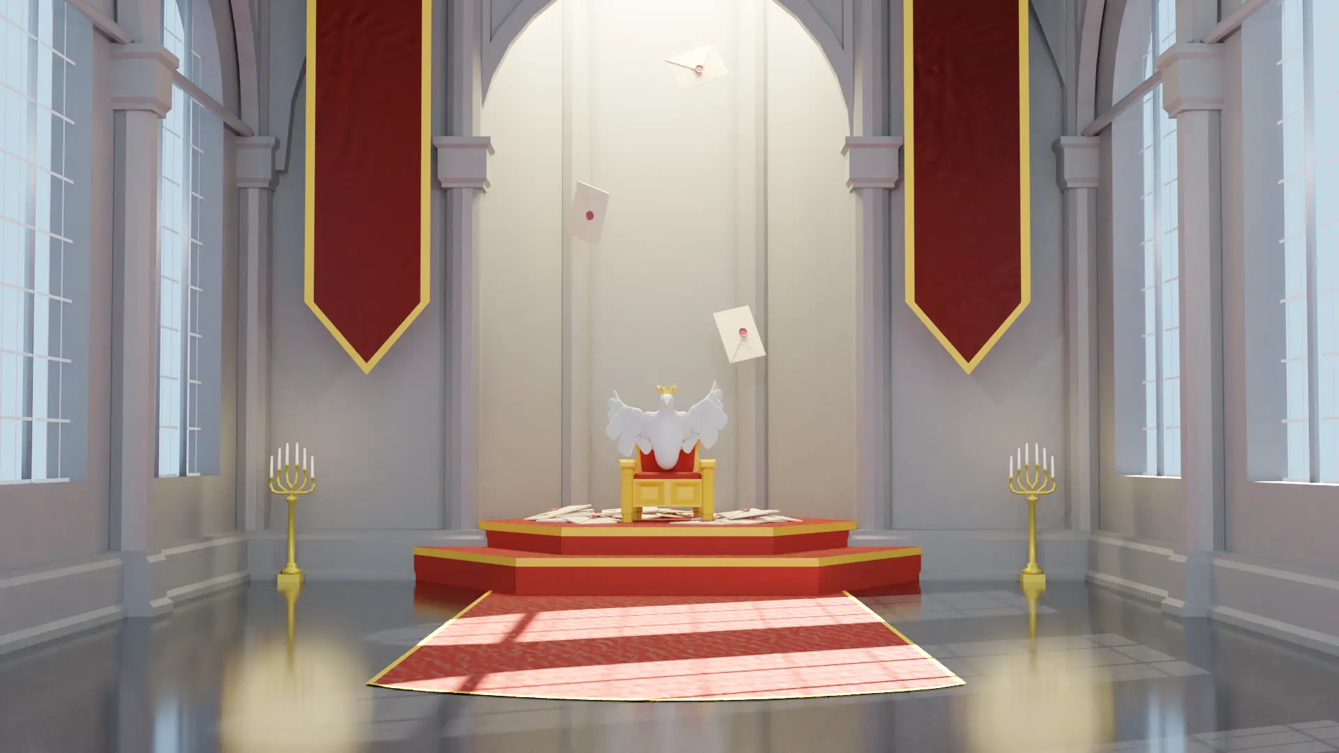 A dove with a crown on a throne surrounded by letters