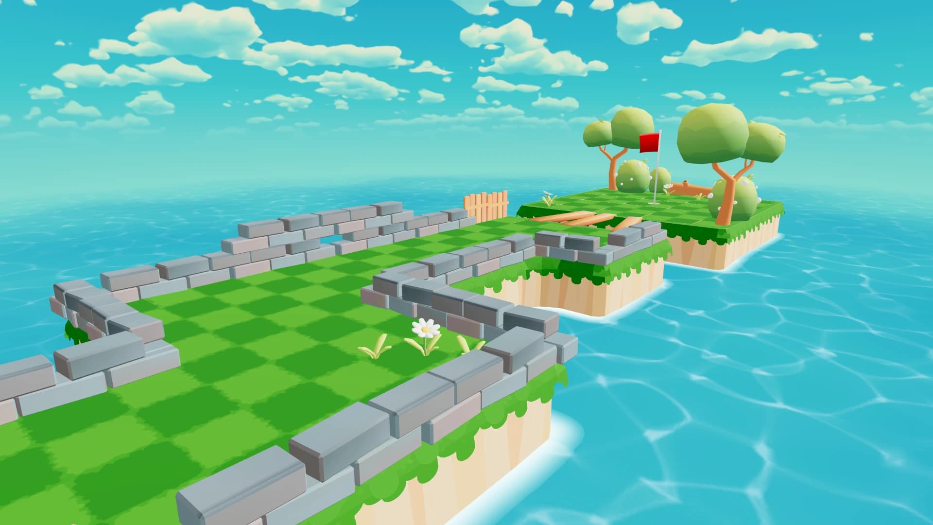 A golf course floating slightly above the sea.