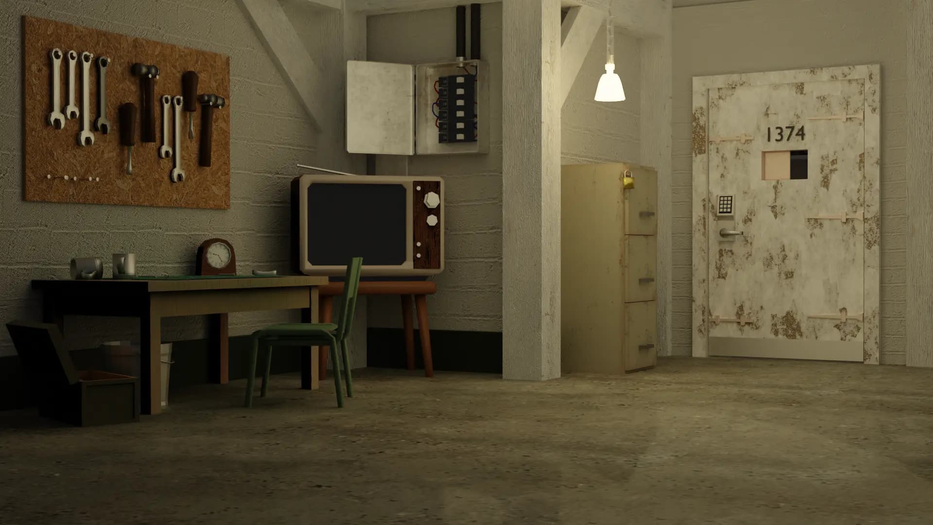 A couple in cold war styled an escape room
