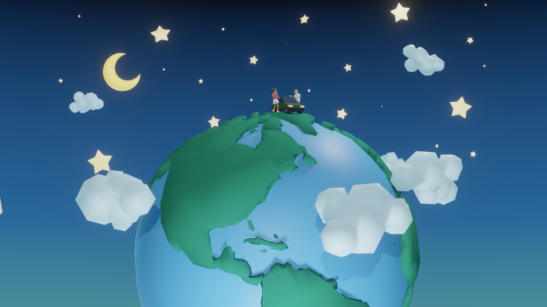 A couple and their car on top of the Earth